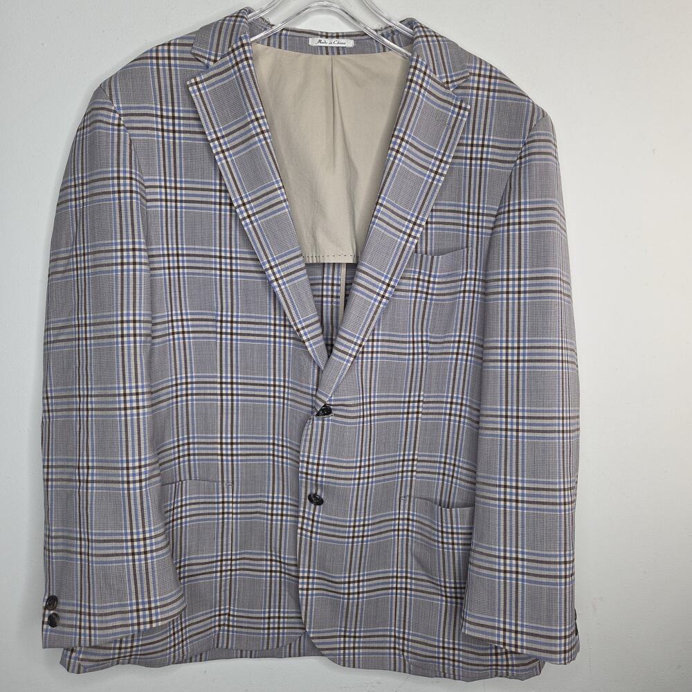 Peter Millar Mens L 100% Wool Blazer Sport Coat Blue Brown Plaid Unlined Jacket